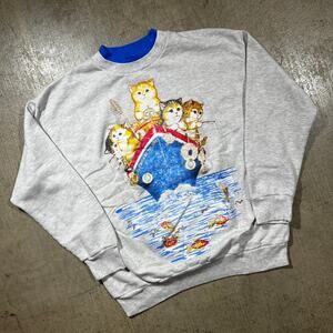 Vintage 90s Cat Fishing Sweatshirt USS Catch of the Day Gray Medium